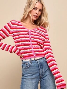 Lulus Adoring Darling Red and Pink Striped Cardigan Sweater